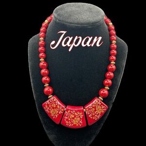 Vintage 1950s Japanese Ceramic Statement Necklace – Wine Red Bib Necklace